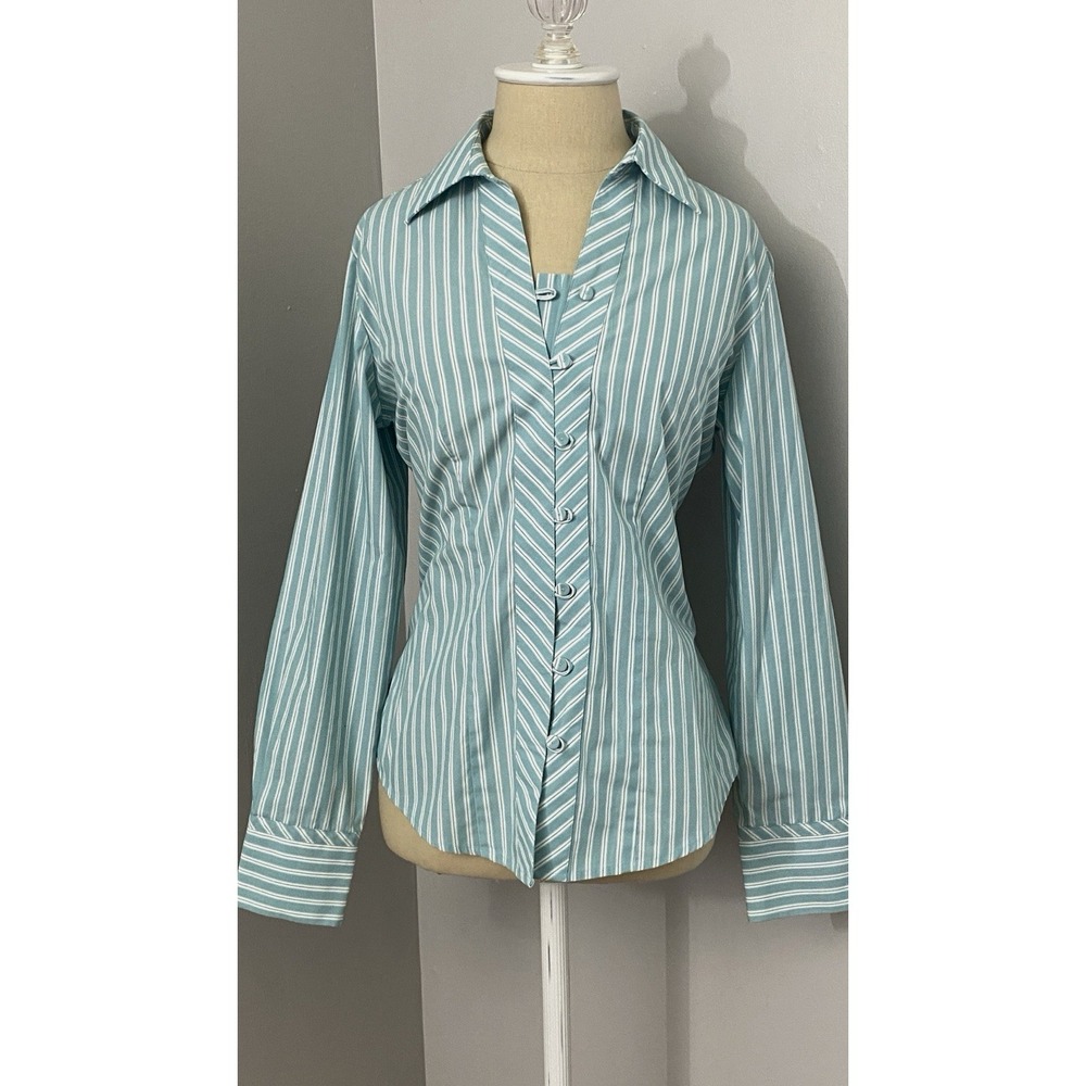 Van Heusen Womens Striped Top Sz Small Button Front Career Collared Aqua White